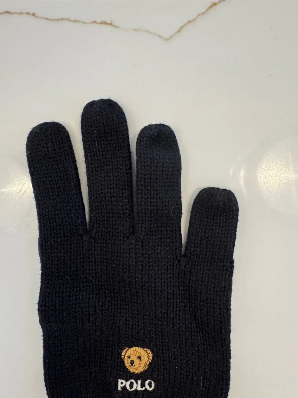 Polo by Ralph Lauren Black Knit Kids Gloves with Polo Bear and Stripe Cuff